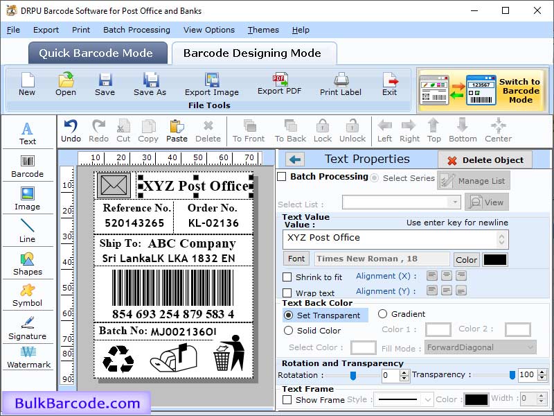 Post office and Bank Barcode Software screenshot